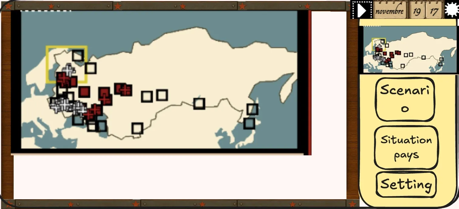 Comparaison entre la mini-carte et la grande carte stratégique avec les villes et les soldats