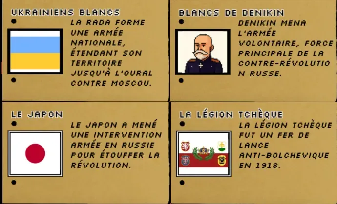 Fiches historiques perforées présentant plusieurs dirigeants des armées blanches