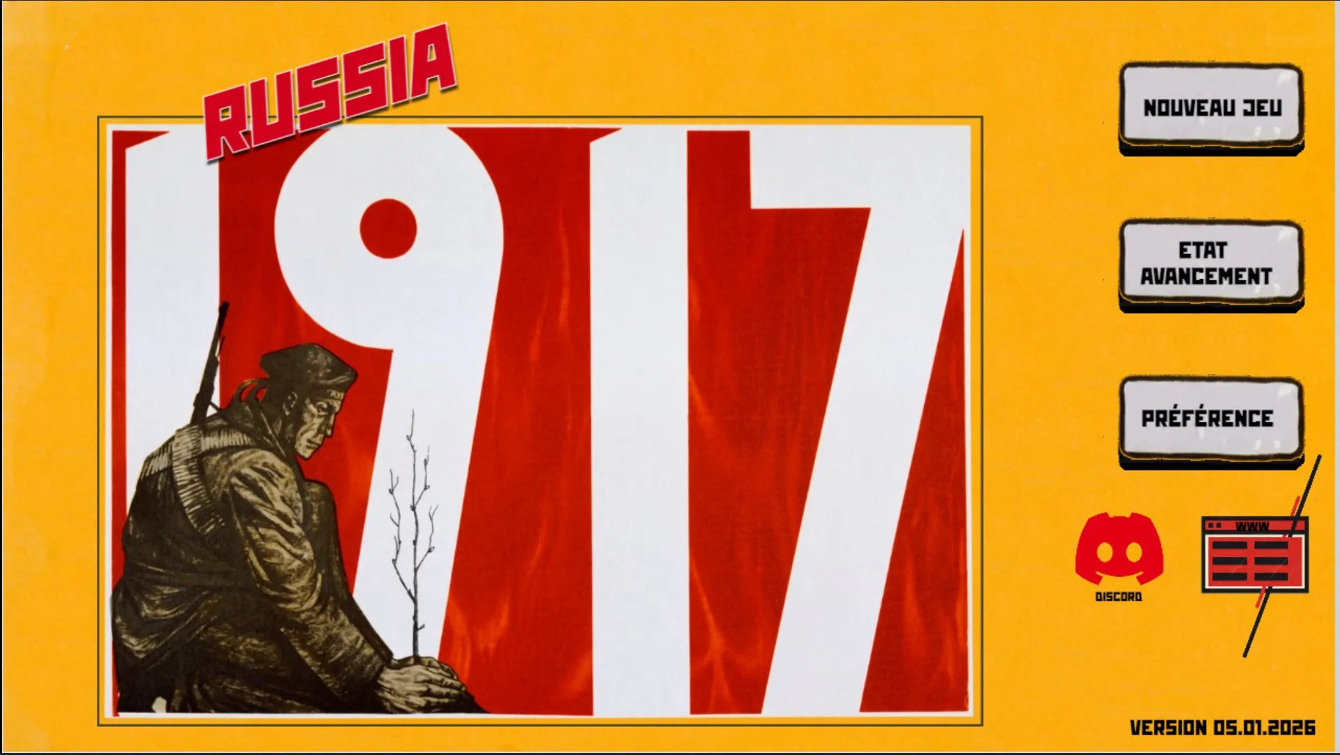 Écran d’accueil de Russia 1917 avec les boutons de lancement et de progression
