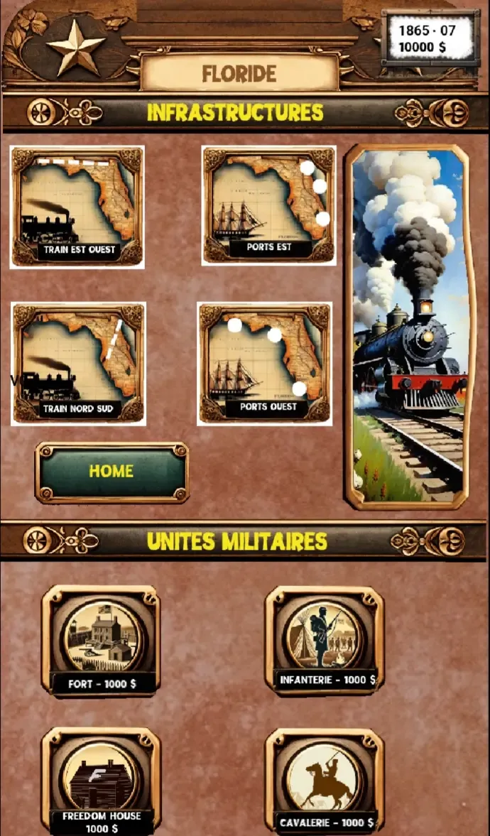 Menu des infrastructures et unités militaires avec chemins de fer, ports, forts et Freedom Houses