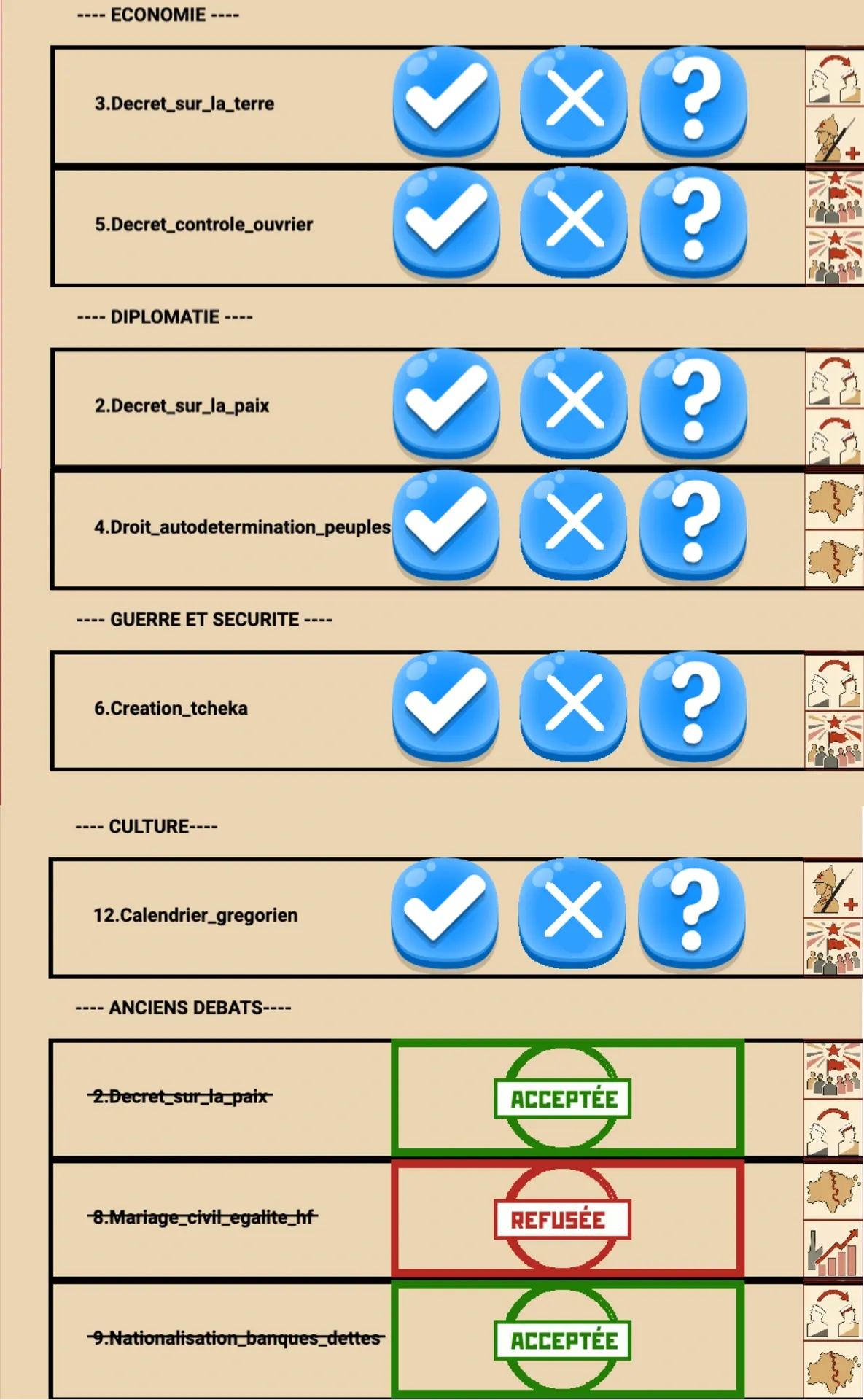 Nouveau menu des débats politiques de Russia 1917 organisé par thèmes