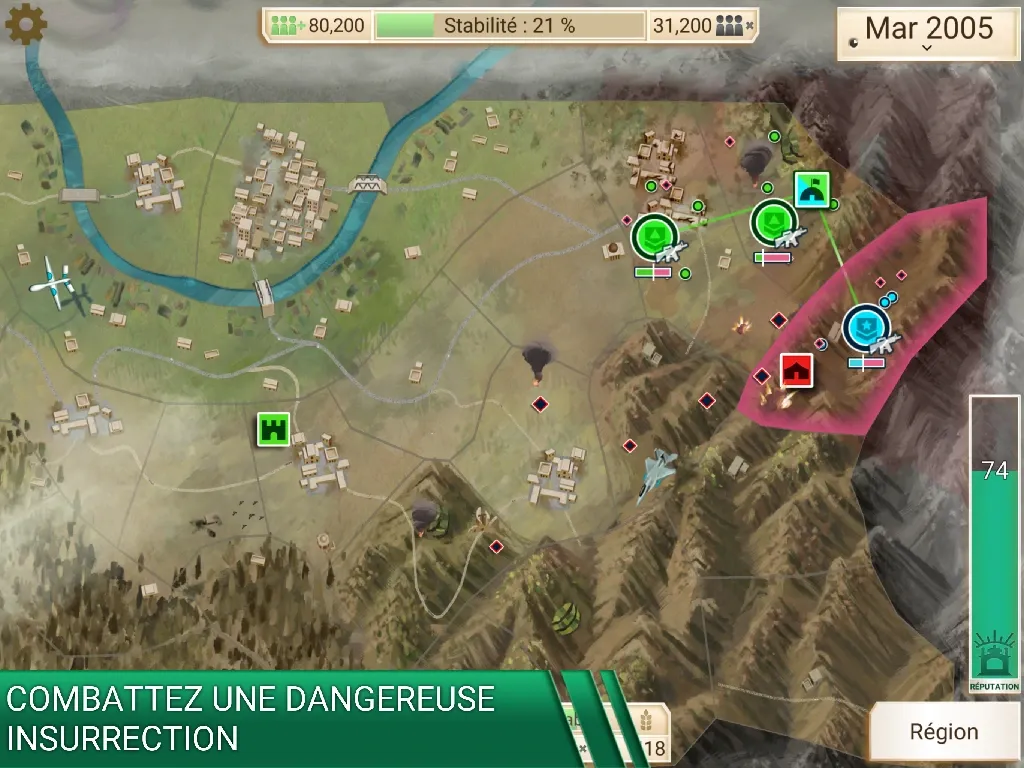 Capture du jeu mobile Rebel Inc. montrant des unités sur une carte régionale