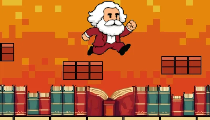 Personnage pixel art inspiré de Marx sautant au-dessus de livres et de plateformes