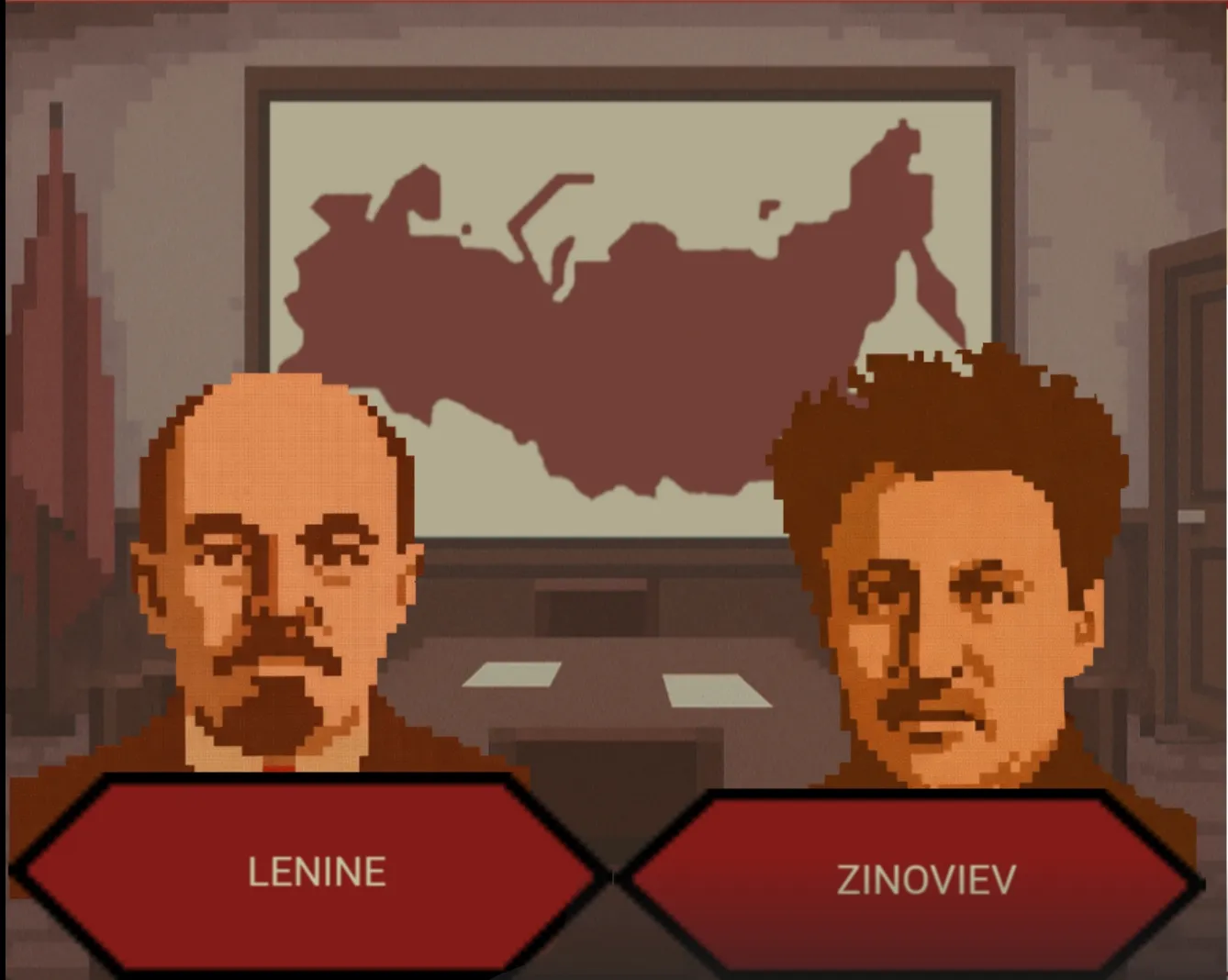Lénine et Zinoviev en pixel art dans le premier décor du jeu