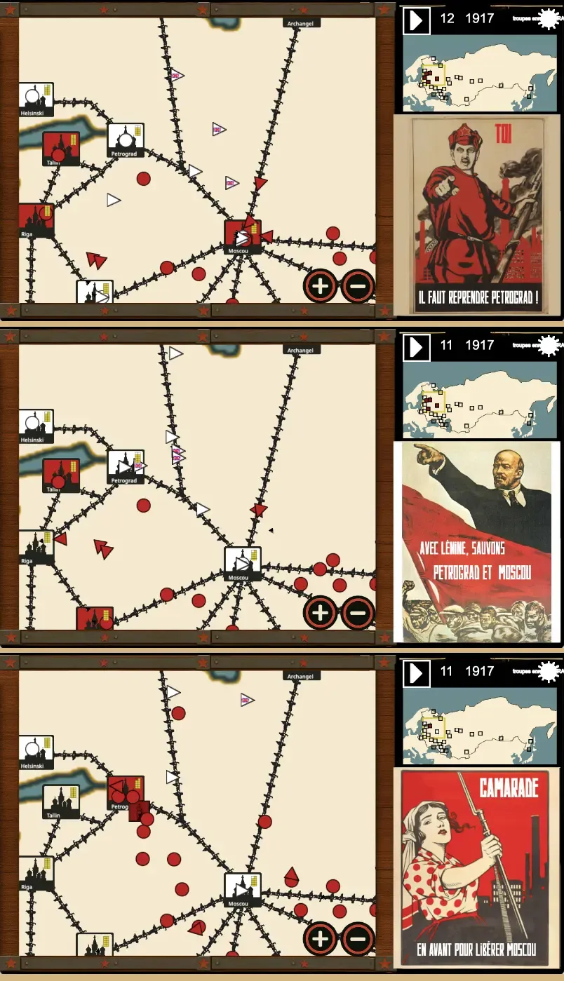 Trois captures mobiles de Russia 1917 avec carte, calendrier, minimap et affiches