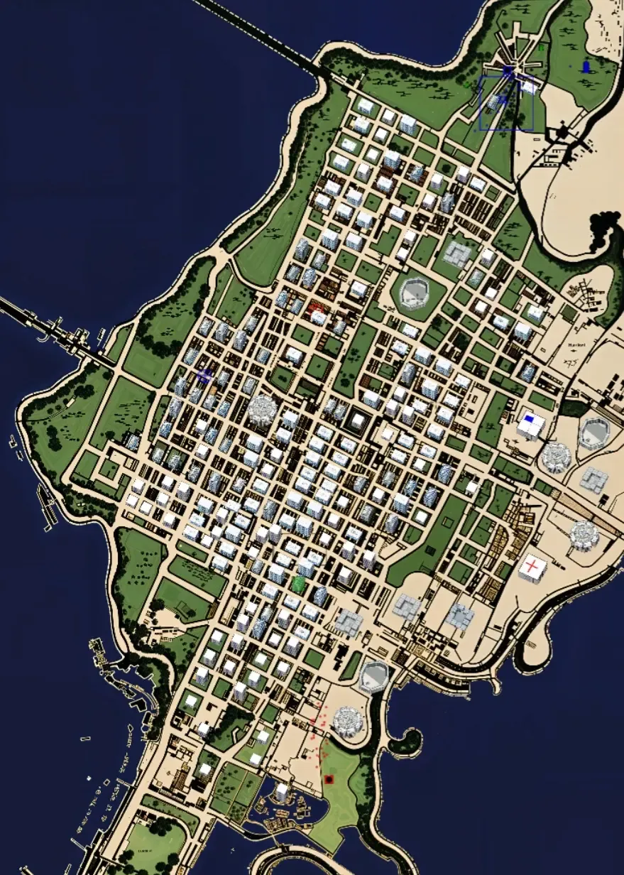 Vue stratégique aérienne d’une ville de Rhéa