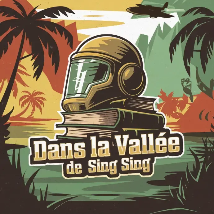 Affiche de Dans la vallée de Sing Sing montrant un casque futuriste dans une jungle sous le passage d’un avion